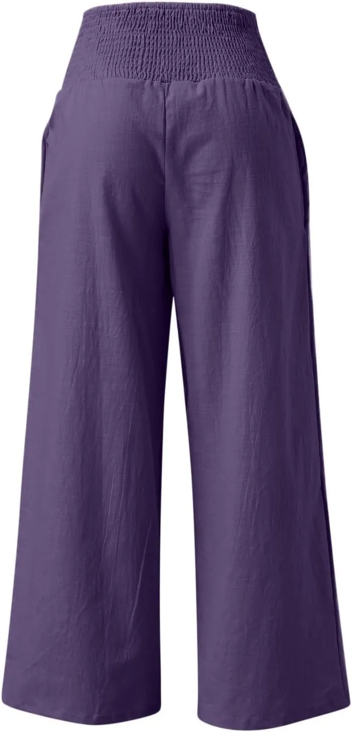 Womens Linen Palazzo Pants Casual Summer Wide Leg High Waist Lounge Slacks Boho Beach Flowy Travel Vacation Trousers