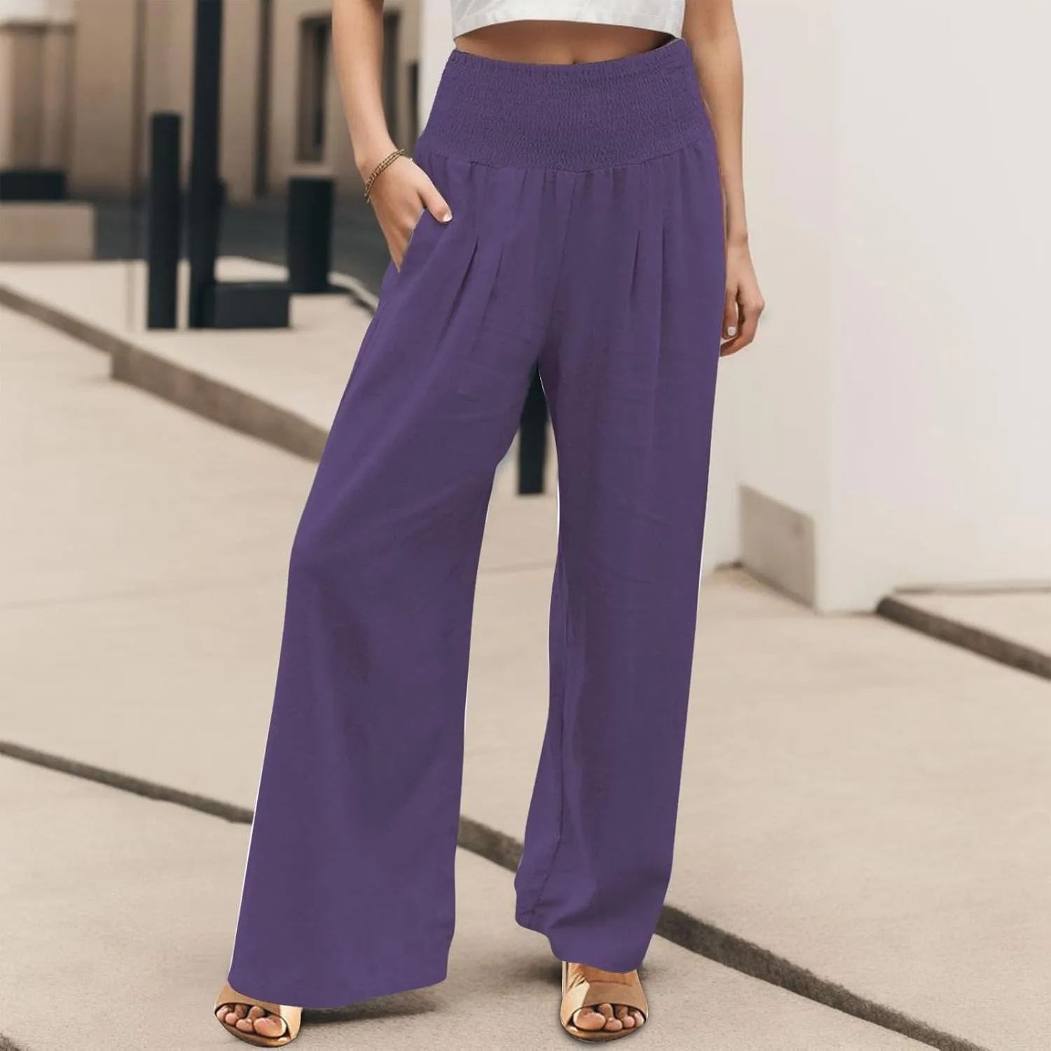 Womens Linen Palazzo Pants Casual Summer Wide Leg High Waist Lounge Slacks Boho Beach Flowy Travel Vacation Trousers