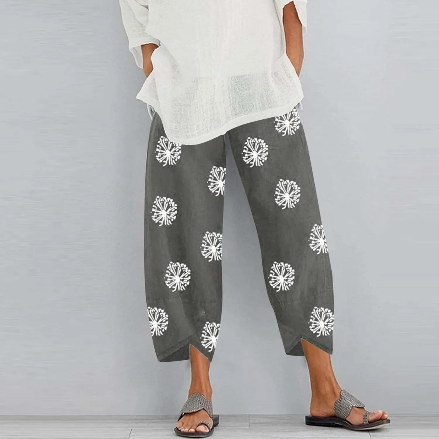 Womens Linen Pants Casual Dandelion Print Elastic Waist Sweatpants Capris Boho Wide Leg Palazzo Cropped Trousers with Pockets