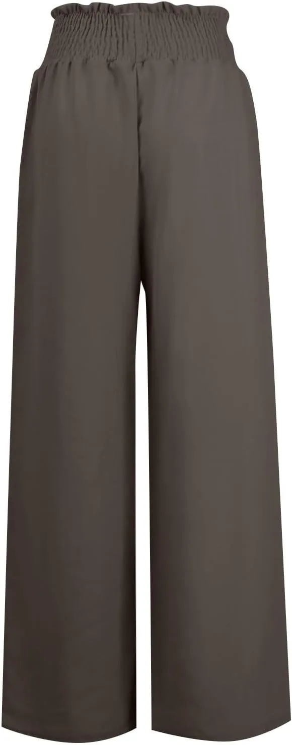 Womens Linen Pants Elastic High Waisted Wide Leg Palazzo Lounge Slacks Summer Casual Beach Boho Trousers with Pockets