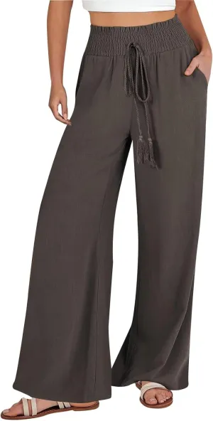 Womens Linen Pants Elastic High Waisted Wide Leg Palazzo Lounge Slacks Summer Casual Beach Boho Trousers with Pockets