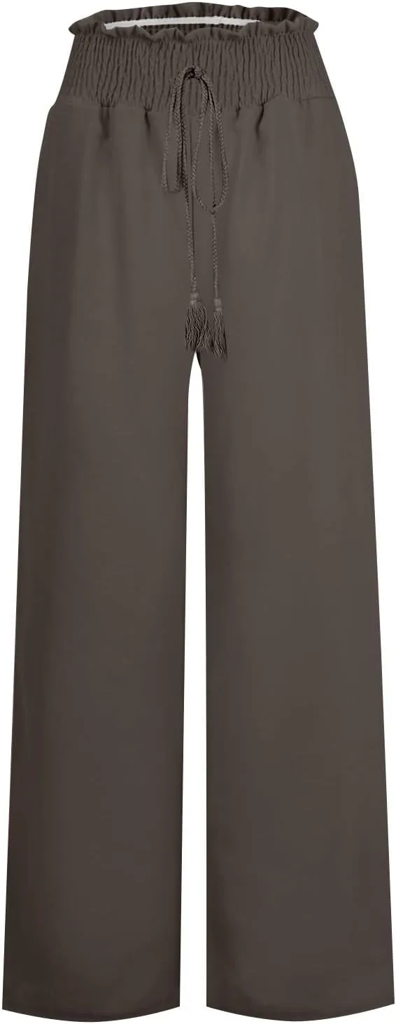 Womens Linen Pants Elastic High Waisted Wide Leg Palazzo Lounge Slacks Summer Casual Beach Boho Trousers with Pockets