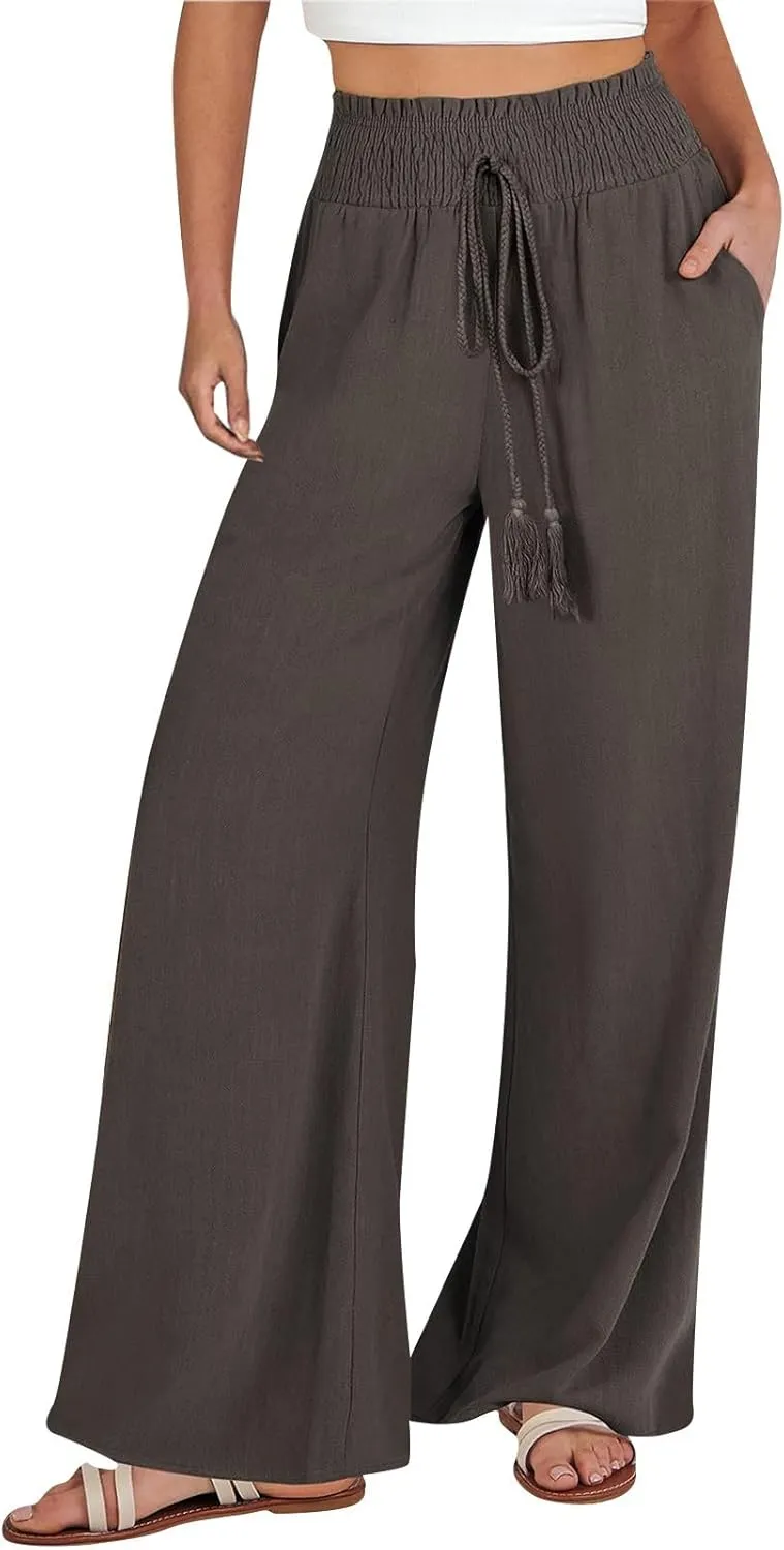Womens Linen Pants Elastic High Waisted Wide Leg Palazzo Lounge Slacks Summer Casual Beach Boho Trousers with Pockets