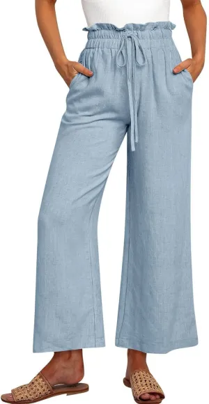 Women's Linen Pants Elastic Waist Casual Beach Trendy Wide Leg Summer Palazzo Trousers with Pockets