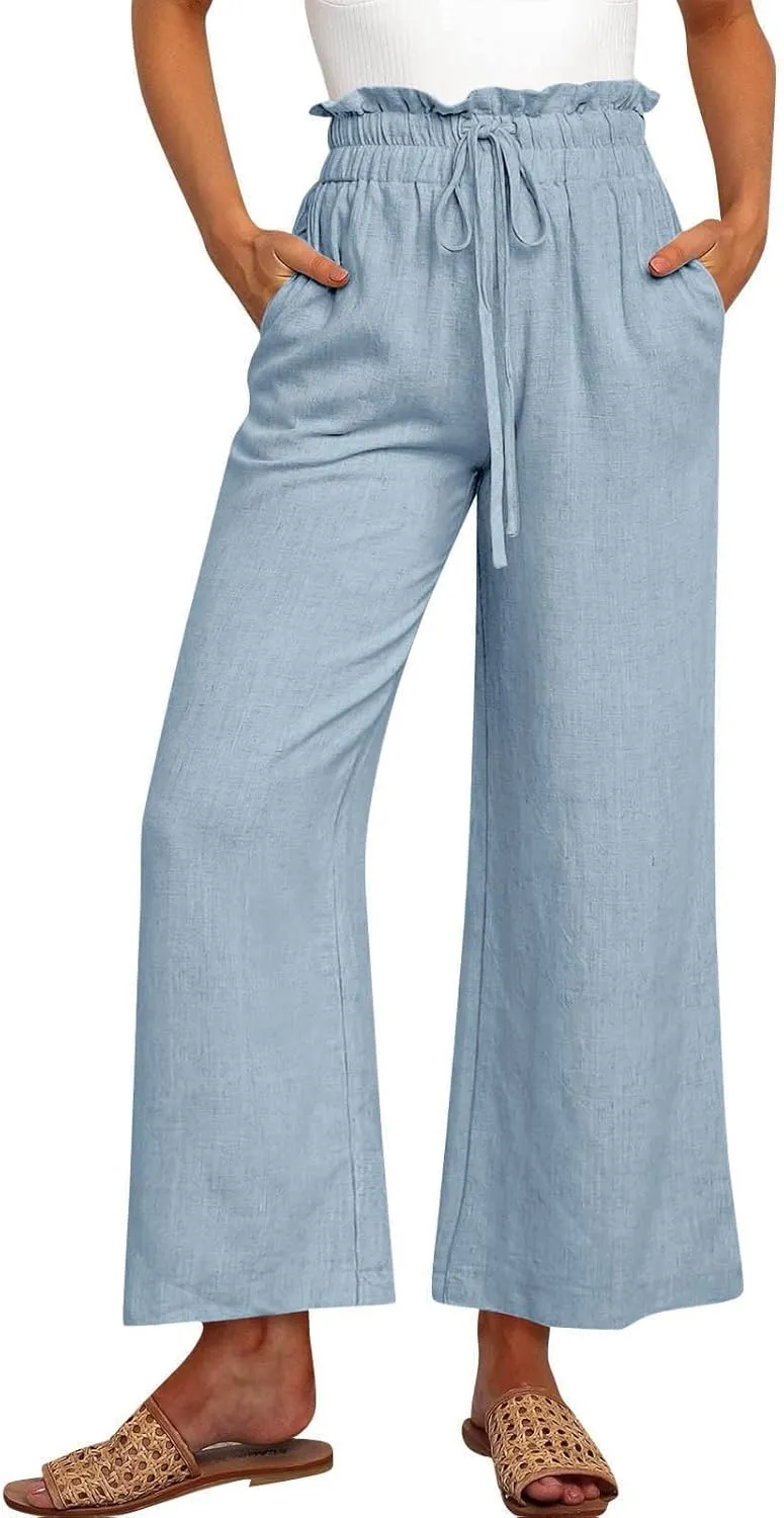 Women's Linen Pants Elastic Waist Casual Beach Trendy Wide Leg Summer Palazzo Trousers with Pockets