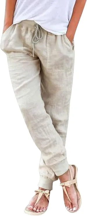 Womens Linen Pants Linen Trousers for Women Summer Casual Elastic Pants with Pockets