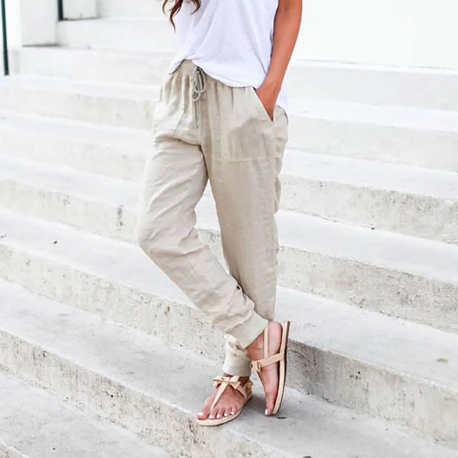 Womens Linen Pants Linen Trousers for Women Summer Casual Elastic Pants with Pockets