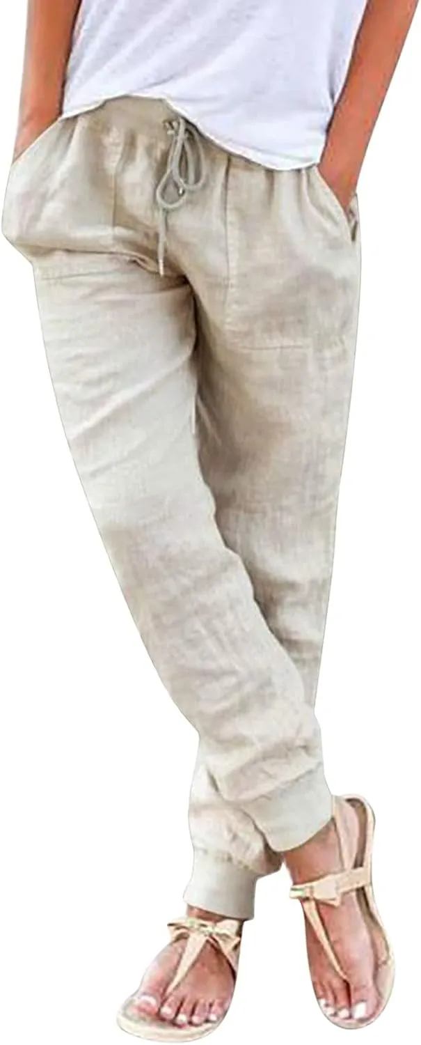 Womens Linen Pants Linen Trousers for Women Summer Casual Elastic Pants with Pockets