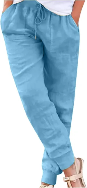 Womens Linen Pants Linen Trousers for Women Summer Casual Elastic Pants with Pockets