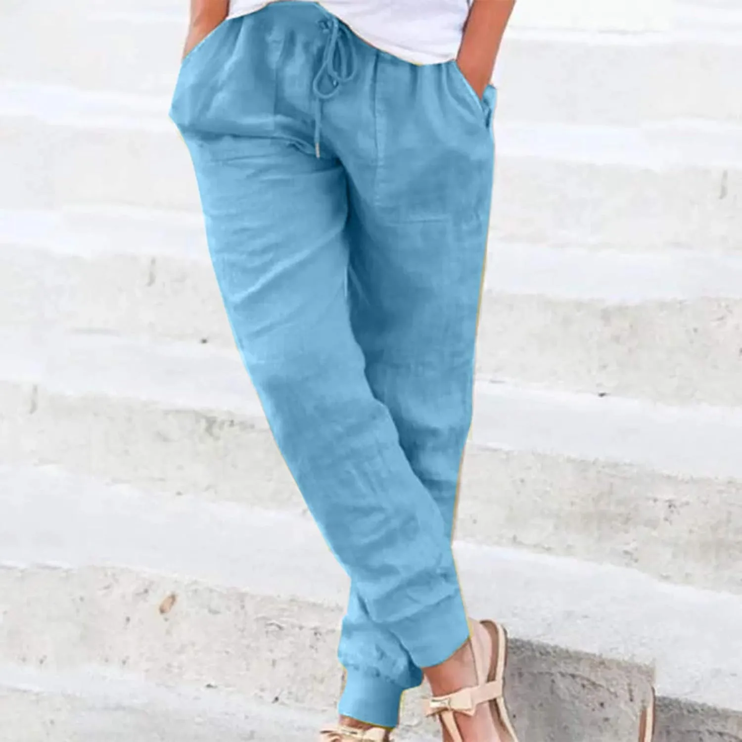 Womens Linen Pants Linen Trousers for Women Summer Casual Elastic Pants with Pockets
