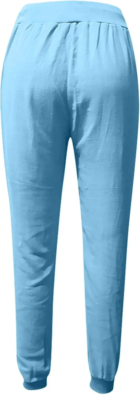 Womens Linen Pants Linen Trousers for Women Summer Casual Elastic Pants with Pockets