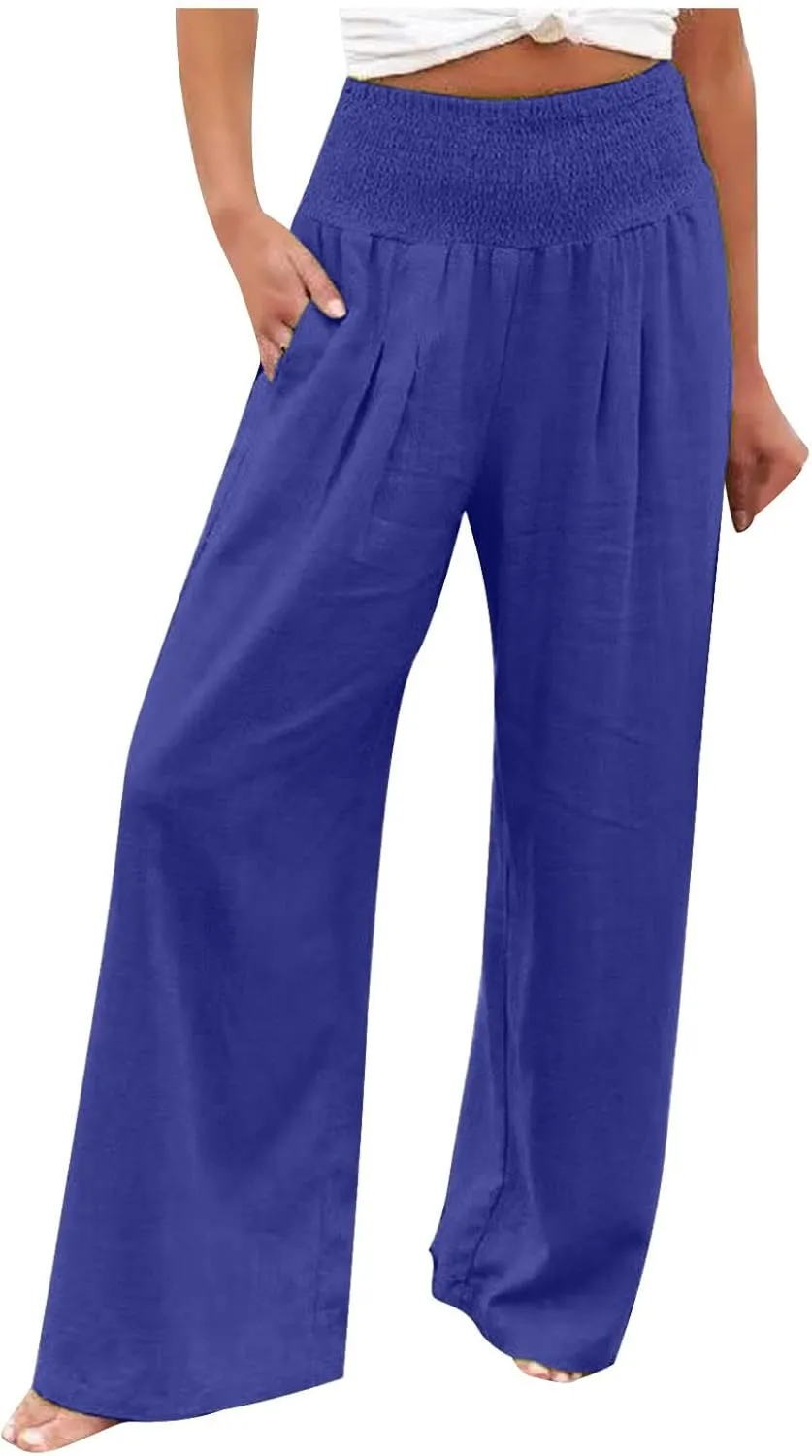 Womens Linen Pants Wide Leg Casual High Waist Solid Color Sports Pants Cotton Linen Summer Trousers with Pockets