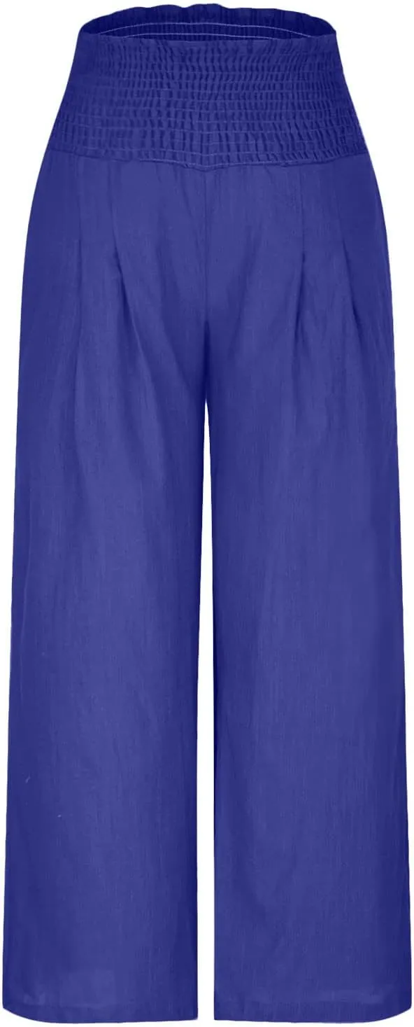 Womens Linen Pants Wide Leg Casual High Waist Solid Color Sports Pants Cotton Linen Summer Trousers with Pockets