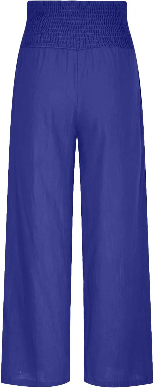 Womens Linen Pants Wide Leg Casual High Waist Solid Color Sports Pants Cotton Linen Summer Trousers with Pockets