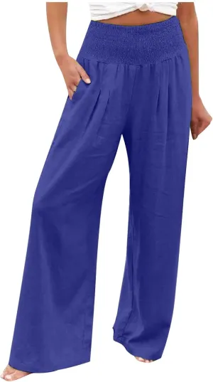 Womens Linen Pants Wide Leg Casual High Waist Solid Color Sports Pants Cotton Linen Summer Trousers with Pockets