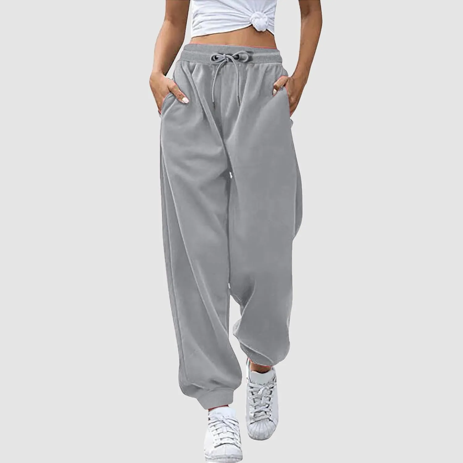 Women's Linen Summer Baggy Palazzo Pants Elastic Waisted Stretchy Loose Fit Palazzo Lounge Pants Office