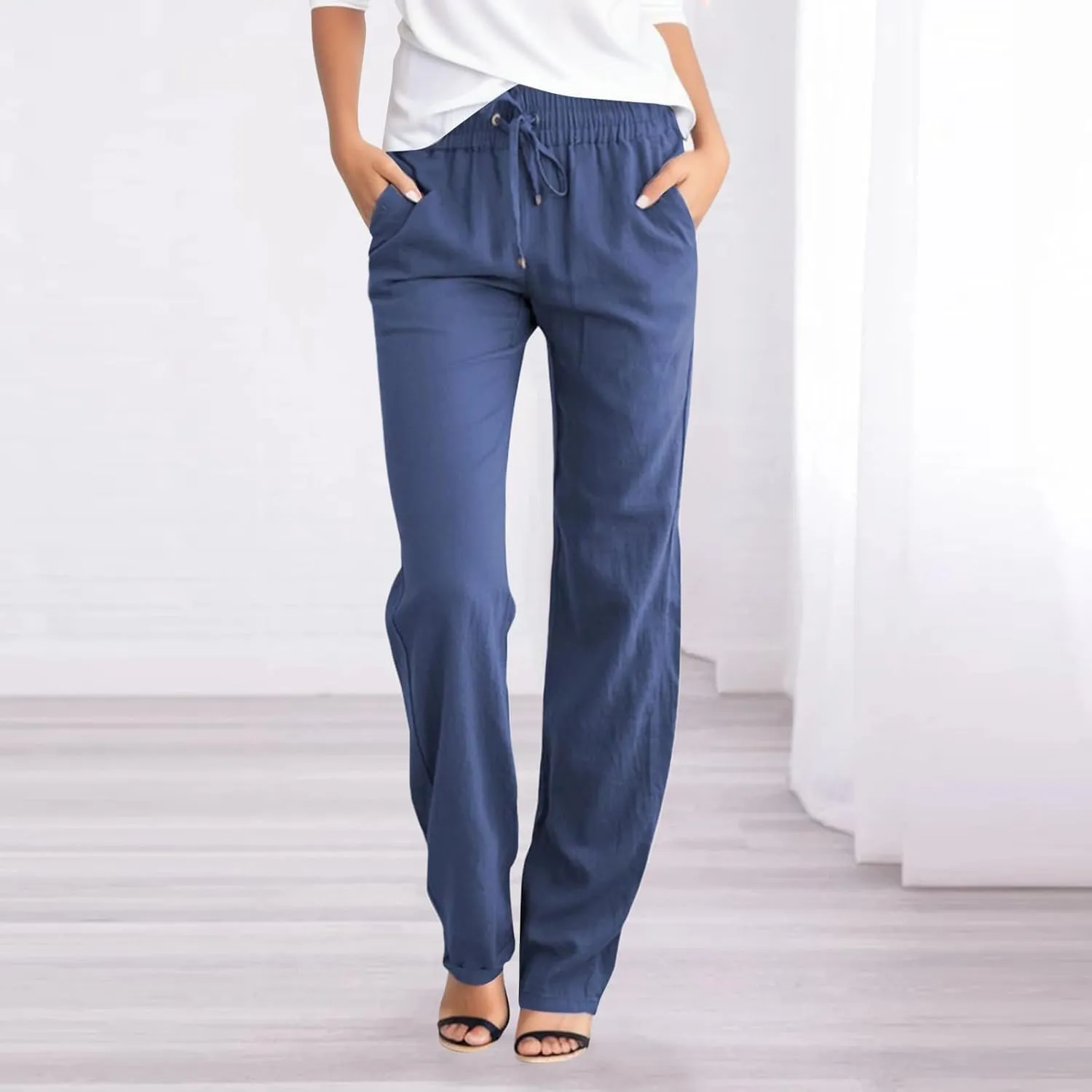 Women's Linen Summer Print Palazzo Pants Low Waist Long Lounge Slim-Fit Pant Trousers Office