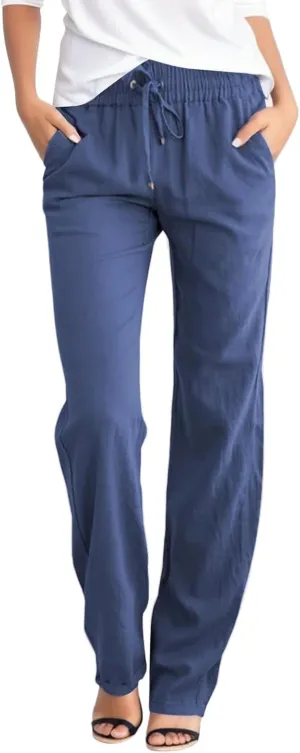 Women's Linen Summer Print Palazzo Pants Low Waist Long Lounge Slim-Fit Pant Trousers Office