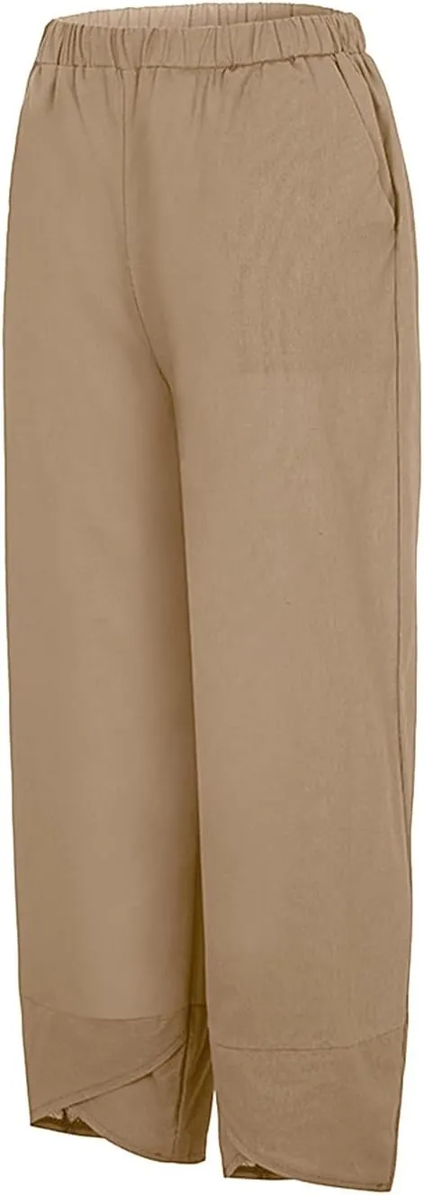 Women's Linen Summer Printed Pant Trousers Low Waist Wide Leg Plus Size Palazzo Pants Travel