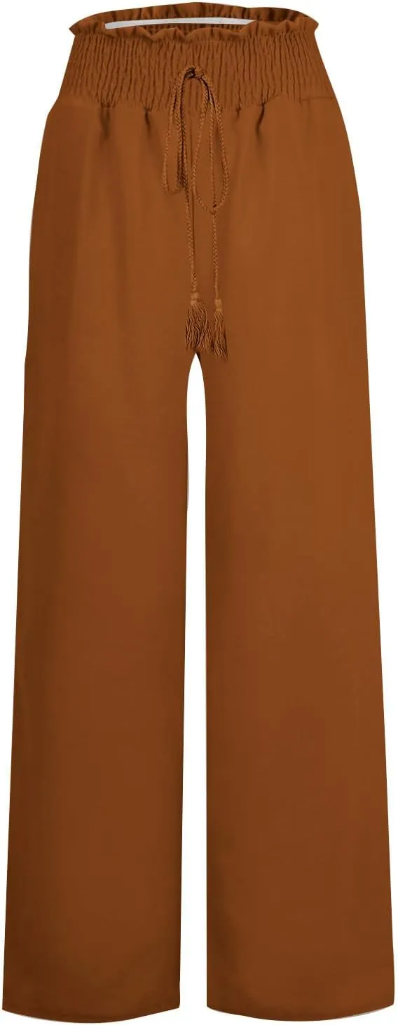 Womens Linen Summer Split Flowy Palazzo Lounge Pants Elastic Waist Bootcut Loose Fit Palazzo Pants Work Business