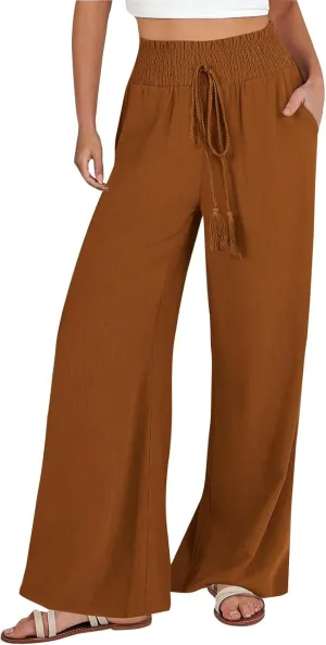 Womens Linen Summer Split Flowy Palazzo Lounge Pants Elastic Waist Bootcut Loose Fit Palazzo Pants Work Business