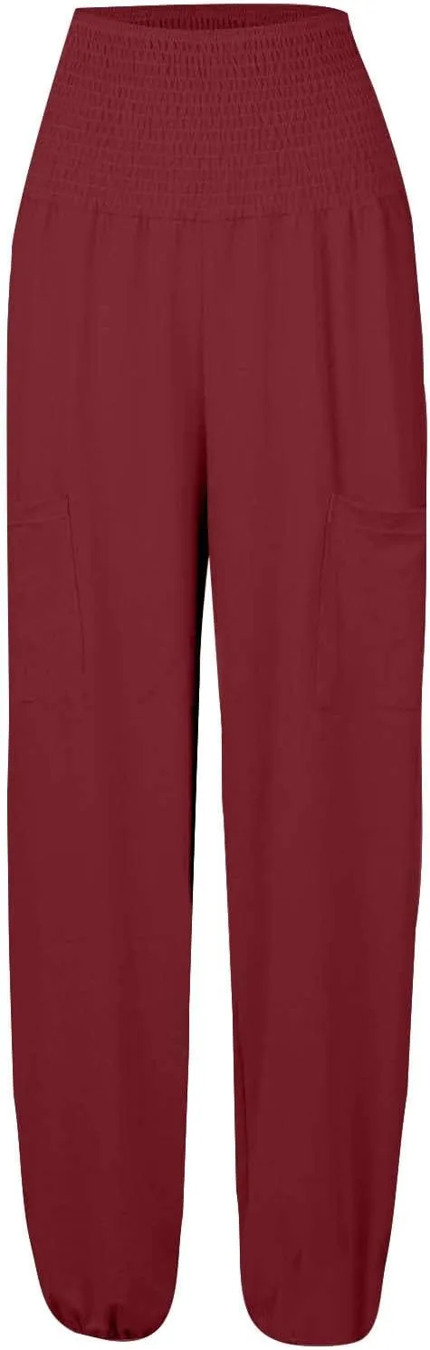 Womens Linen Summer Striped Pant Trousers High Waist Long Lounge Slim Fit Pant Trousers Beach