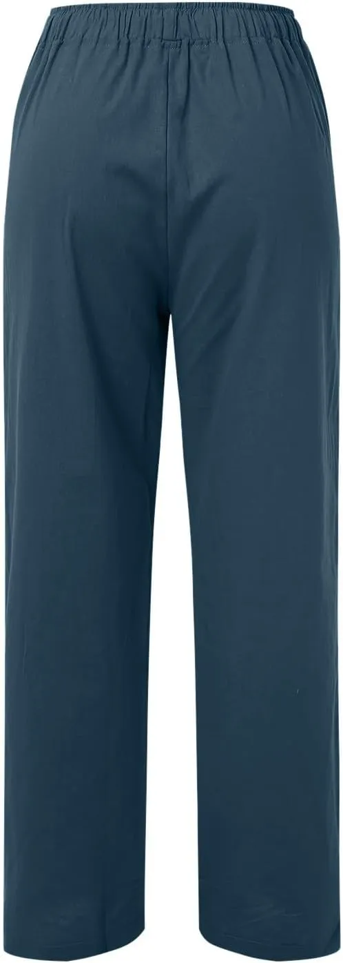 Womens Linen Summer Tie Knot Palazzo Pants Elastic Waisted Long Lounge Slim-Fit Palazzo Lounge Pants Office