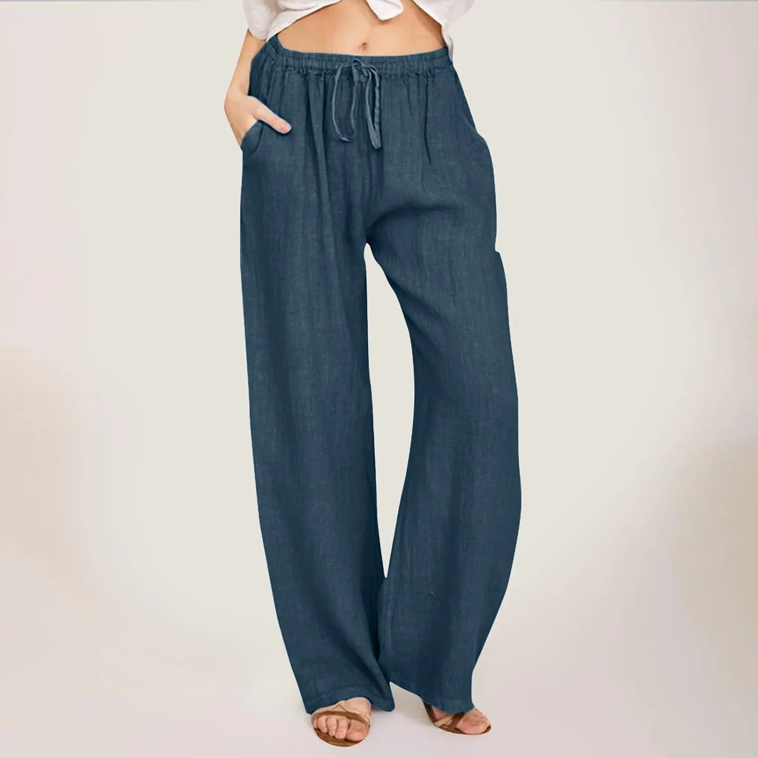 Womens Linen Summer Tie Knot Palazzo Pants Elastic Waisted Long Lounge Slim-Fit Palazzo Lounge Pants Office