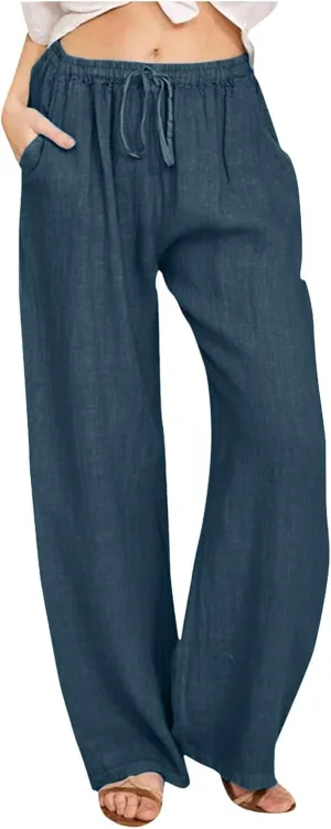 Womens Linen Summer Tie Knot Palazzo Pants Elastic Waisted Long Lounge Slim-Fit Palazzo Lounge Pants Office