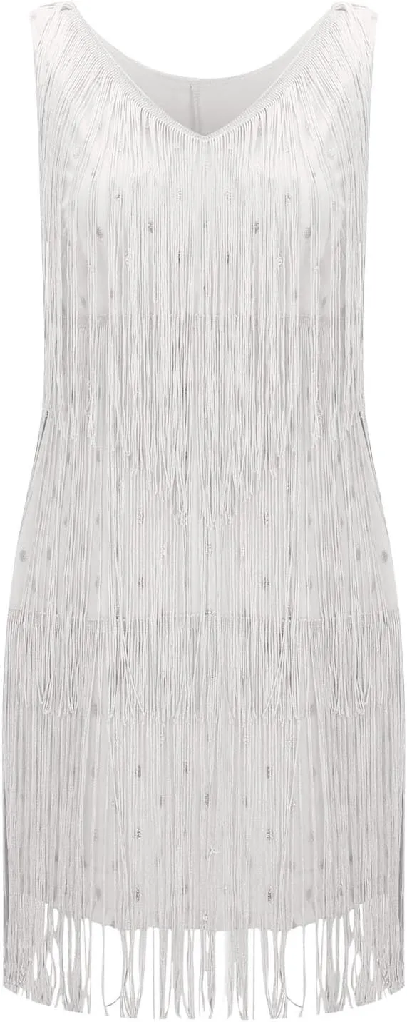 Womens Sequin Fringe Dress Spring Casual Disco Mini Dresses Sleeveless V Neck Dance Club Wear Swing Party Short Skirt