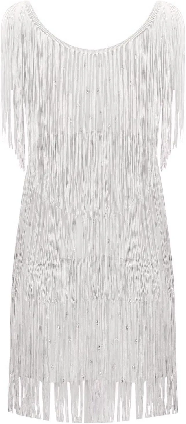 Womens Sequin Fringe Dress Spring Casual Disco Mini Dresses Sleeveless V Neck Dance Club Wear Swing Party Short Skirt