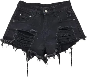 Women's Sexy Low Waist Ripped Denim Shorts with Tassel Burrs Patch Button Fly Regular Fit Streetwear Hot Pants
