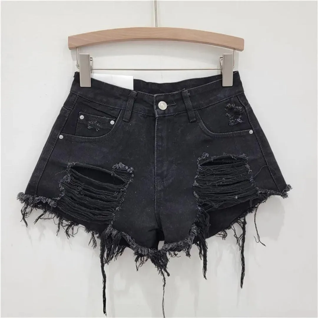 Women's Sexy Low Waist Ripped Denim Shorts with Tassel Burrs Patch Button Fly Regular Fit Streetwear Hot Pants