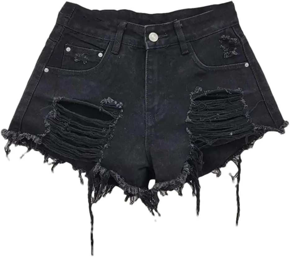 Women's Sexy Low Waist Ripped Denim Shorts with Tassel Burrs Patch Button Fly Regular Fit Streetwear Hot Pants
