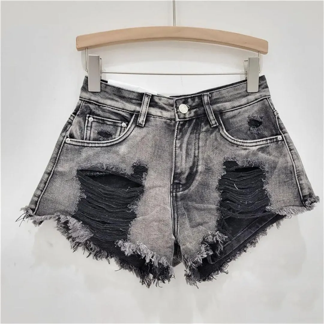 Women's Sexy Low Waist Ripped Denim Shorts with Tassel Burrs Patch Button Fly Regular Fit Streetwear Hot Pants