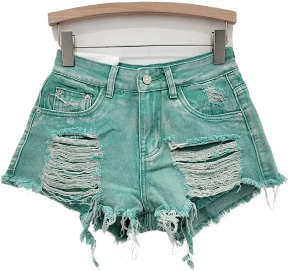 Women's Sexy Low Waist Ripped Denim Shorts with Tassel Burrs Patch Button Fly Regular Fit Streetwear Hot Pants