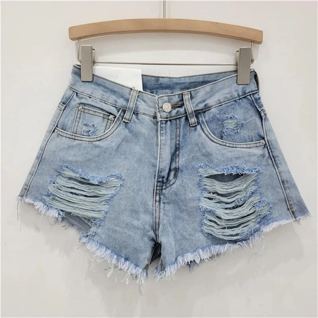 Women's Sexy Low Waist Ripped Denim Shorts with Tassel Burrs Patch Button Fly Regular Fit Streetwear Hot Pants