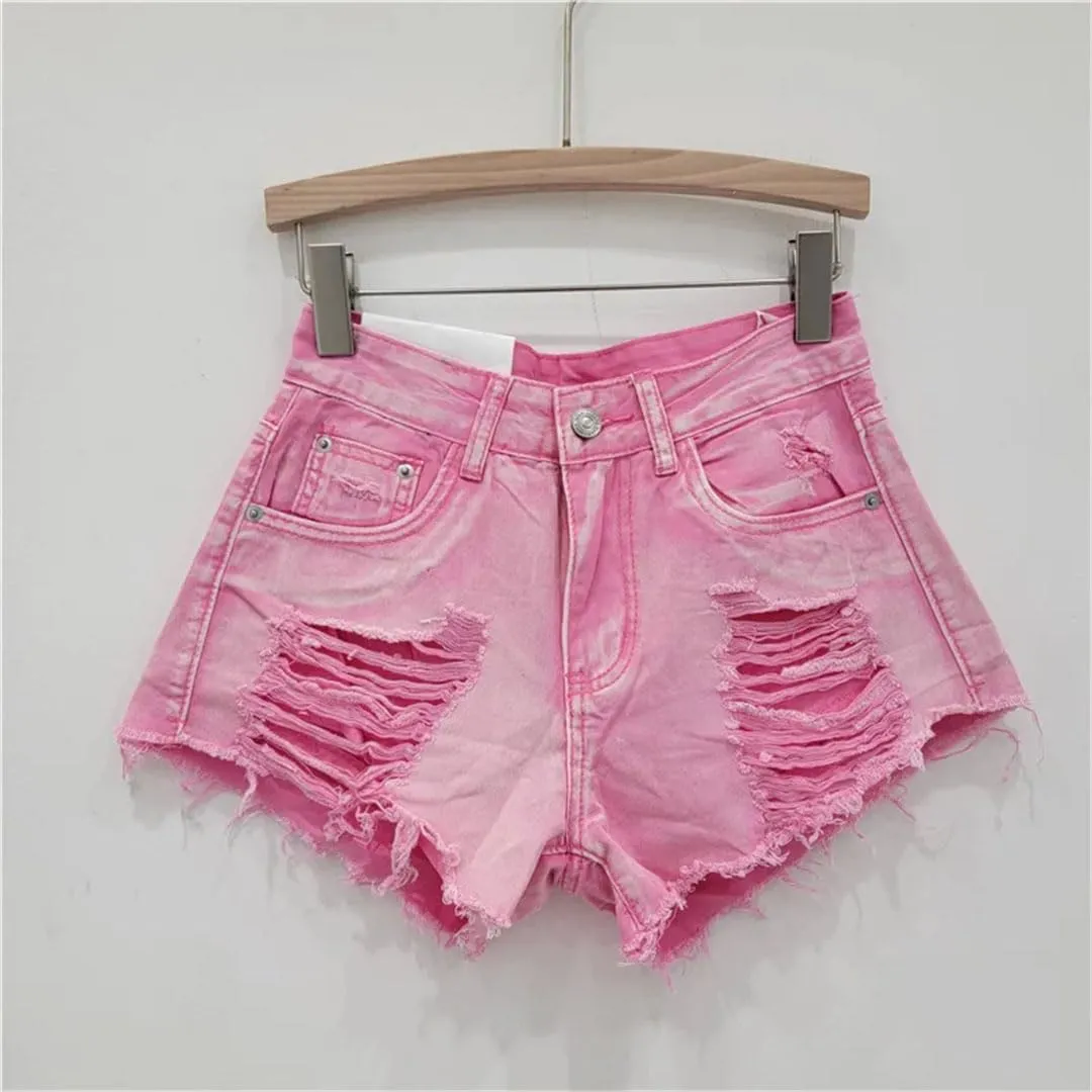 Women's Sexy Low Waist Ripped Denim Shorts with Tassel Burrs Patch Button Fly Regular Fit Streetwear Hot Pants