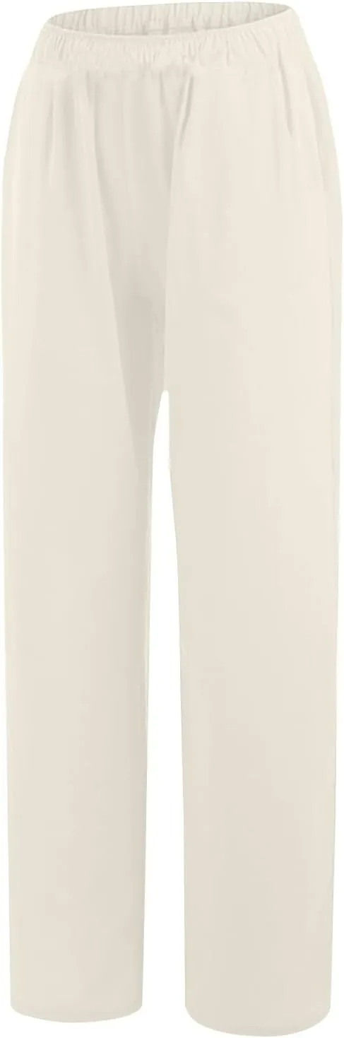 Women's Solid Color Pants Summer Casual Elastic Waist Loose Fit Pants Wide Leg Lounge Long Trousers with Pockets