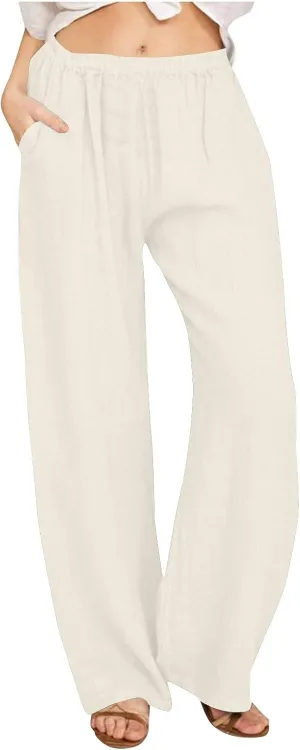Women's Solid Color Pants Summer Casual Elastic Waist Loose Fit Pants Wide Leg Lounge Long Trousers with Pockets