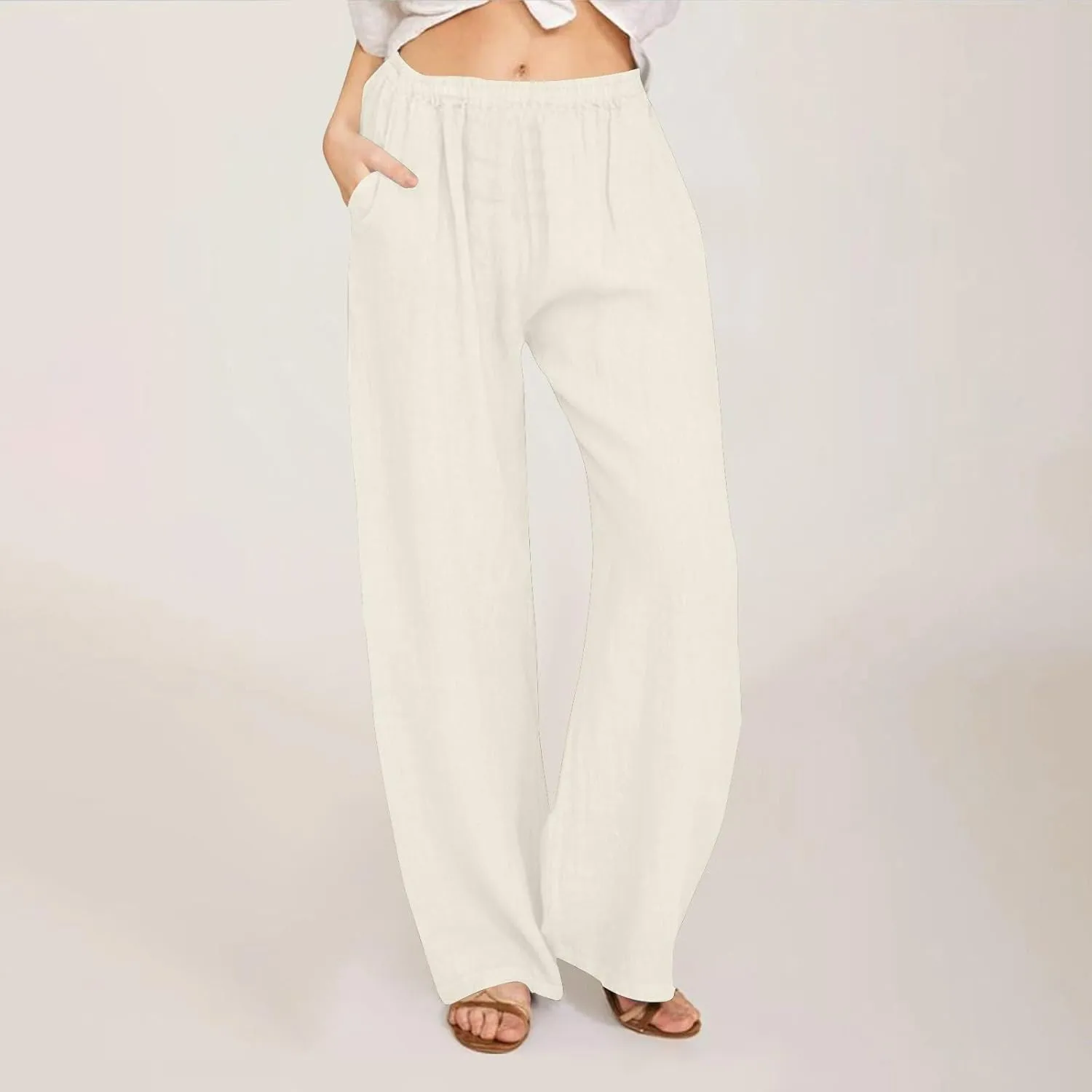 Women's Solid Color Pants Summer Casual Elastic Waist Loose Fit Pants Wide Leg Lounge Long Trousers with Pockets