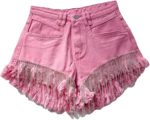 Women's Summer Denim Shorts Rhinestone Design High Waist Slim A-Line Hot Pants