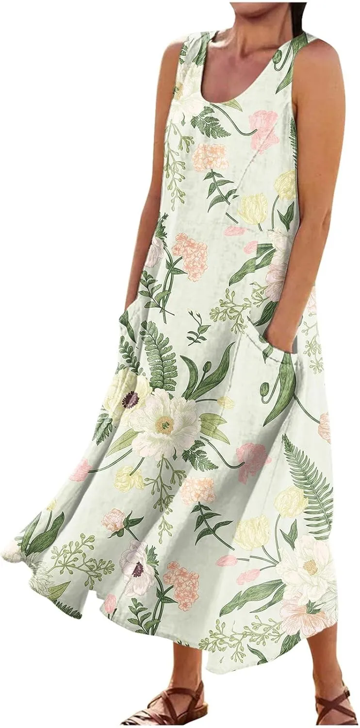 Womens Summer Dresses 2025 Sleeveless Scoop Neck Lightweight Loose Maxi Dress Casual A-Line Swing Long Sundress
