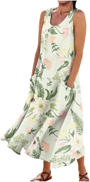 Womens Summer Dresses 2025 Sleeveless Scoop Neck Lightweight Loose Maxi Dress Casual A-Line Swing Long Sundress