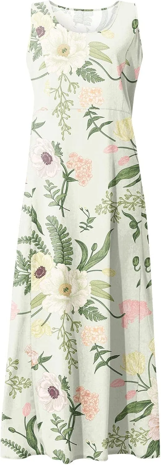 Womens Summer Dresses 2025 Sleeveless Scoop Neck Lightweight Loose Maxi Dress Casual A-Line Swing Long Sundress