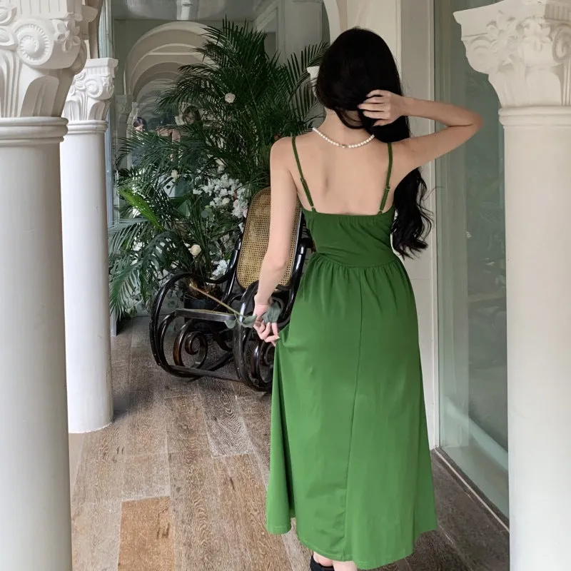 Women's Summer Elegant Green Spaghetti strap Dress  422