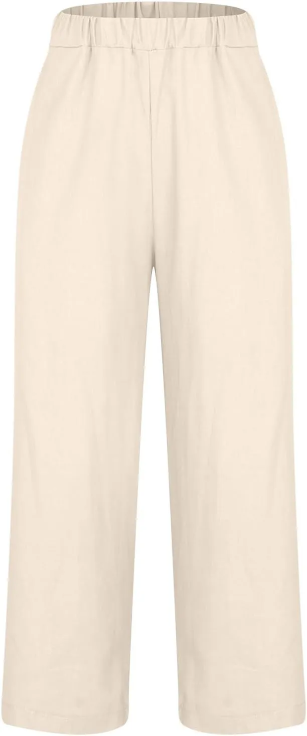 Womens Summer Vacation Pants Straight Wide Leg Cotton Linen Trousers Lightweight Clothing with Pockets