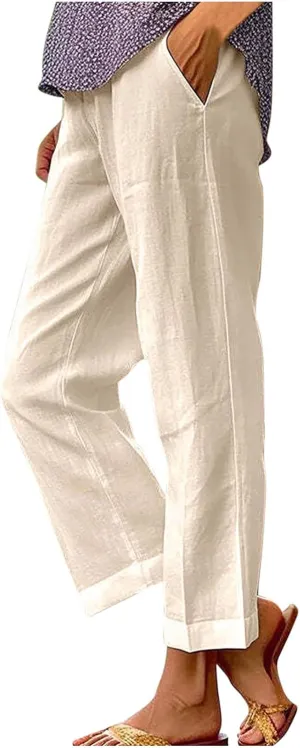 Womens Summer Vacation Pants Straight Wide Leg Cotton Linen Trousers Lightweight Clothing with Pockets