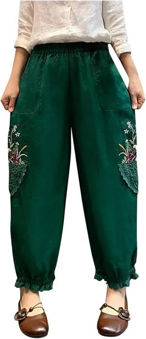 Women's Vintage Boho Capri Pants Ruffle Hem Embroidered Cotton Linen Pants Elastic Waist Summer Cropped Trousers