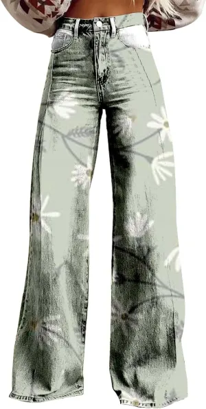 Womens Vintage Floral Print Y2K Pants Casual High Waisted Button Wide Leg Pants Retro Graphic Printed Plus Size Pants